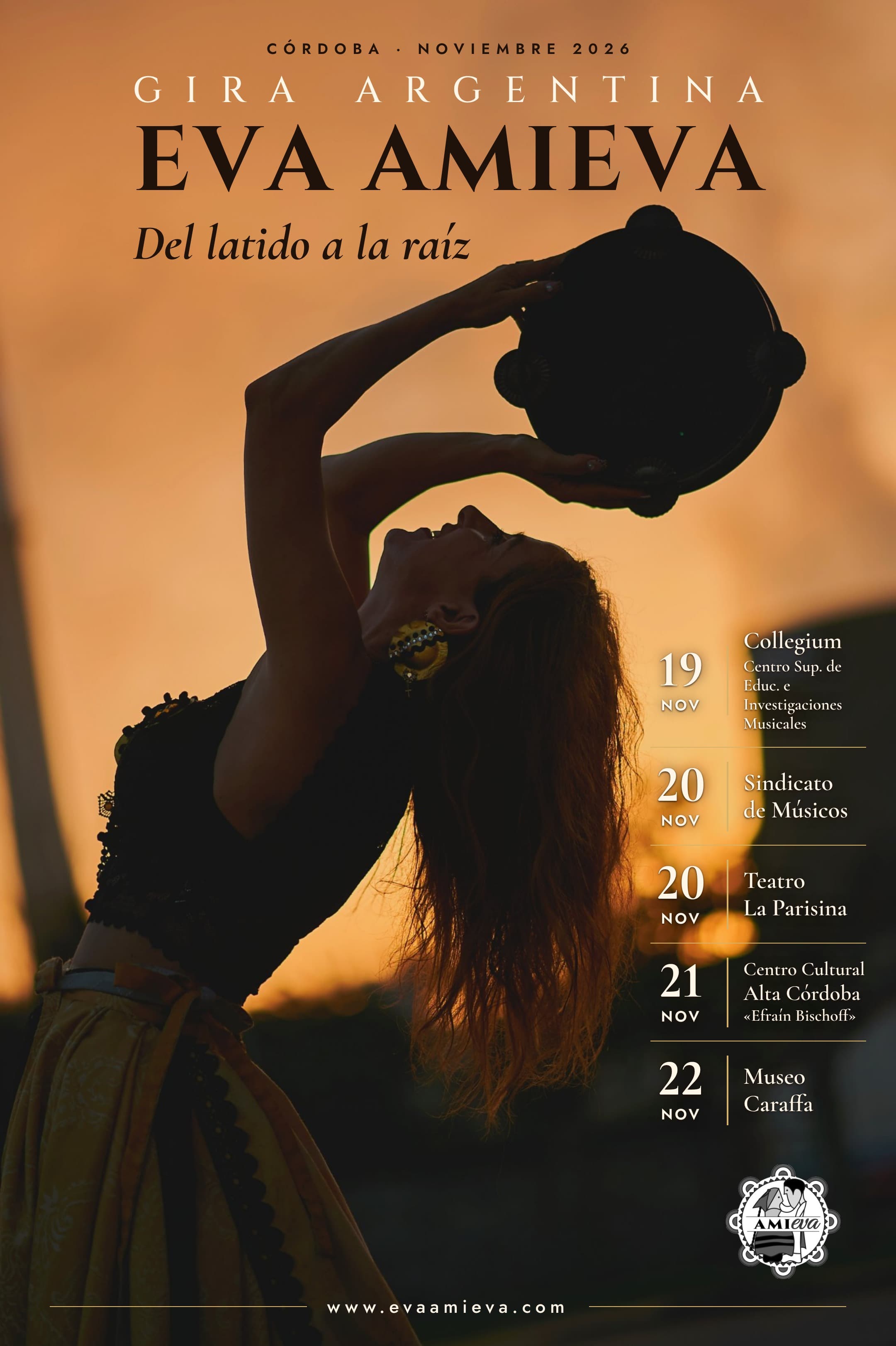 Cartel original de la Gira Argentina 2026 de Eva Amieva, con las fechas inicialmente previstas